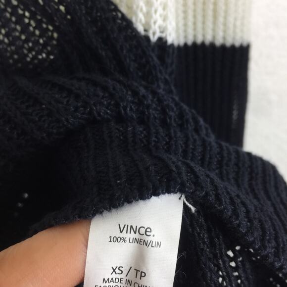 Vince Linen White Navy Colorblock Open Knit Oversized Sweater XS Fisherman - Picture 6 of 14